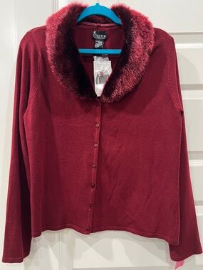 NWT NY Collection Faux Fur Collar Burgundy Wine Button-Up Cardigan Sz L